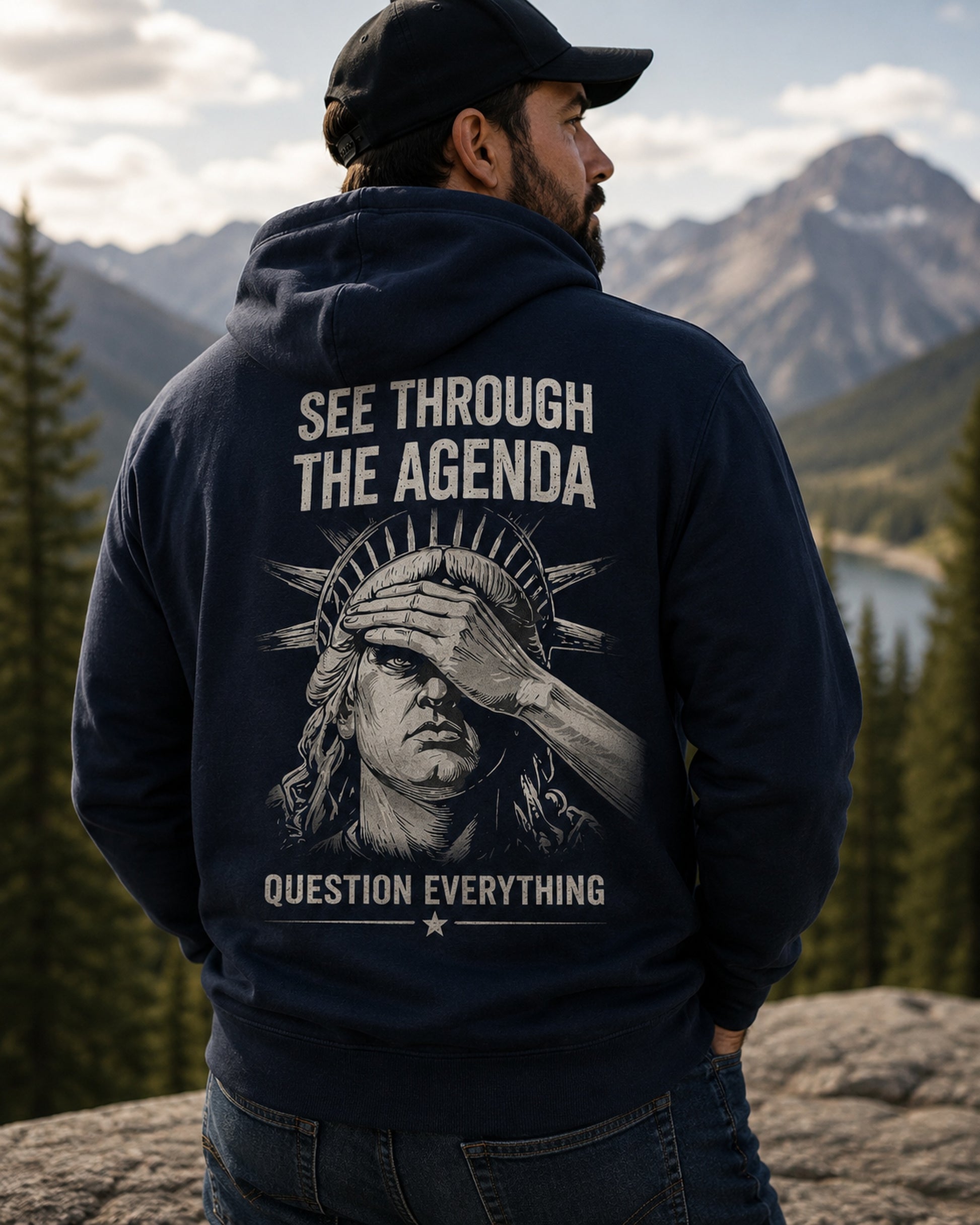 Back view of premium hoodie showing See Through The Agenda Hoodie design by MindRushClips.