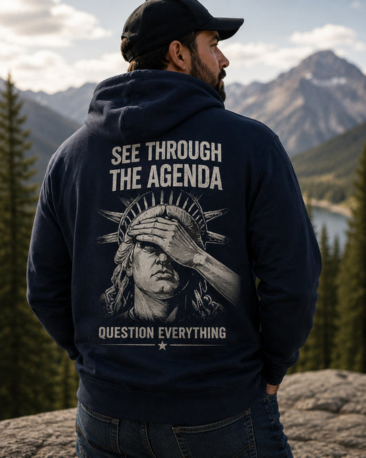 Back view of premium hoodie showing See Through The Agenda Hoodie design by MindRushClips.