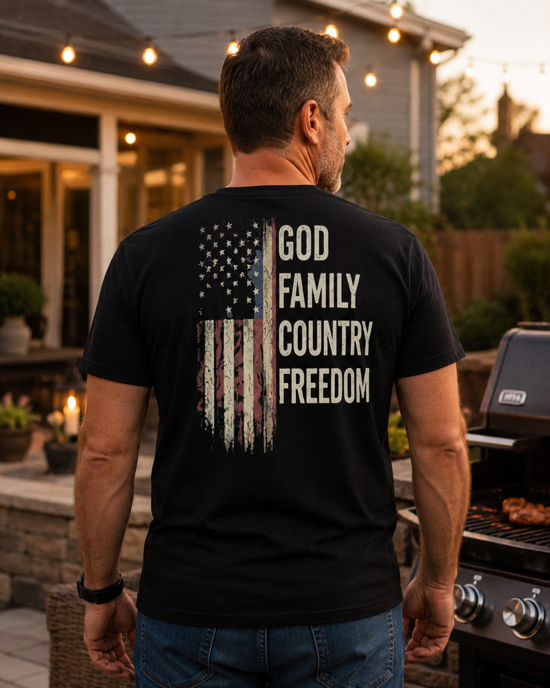Back view of premium t-shirt showing God Family Country Freedom T-Shirt design by MindRushClips.