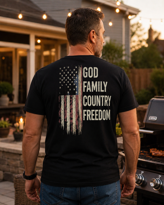 Back view of premium t-shirt showing God Family Country Freedom T-Shirt design by MindRushClips.