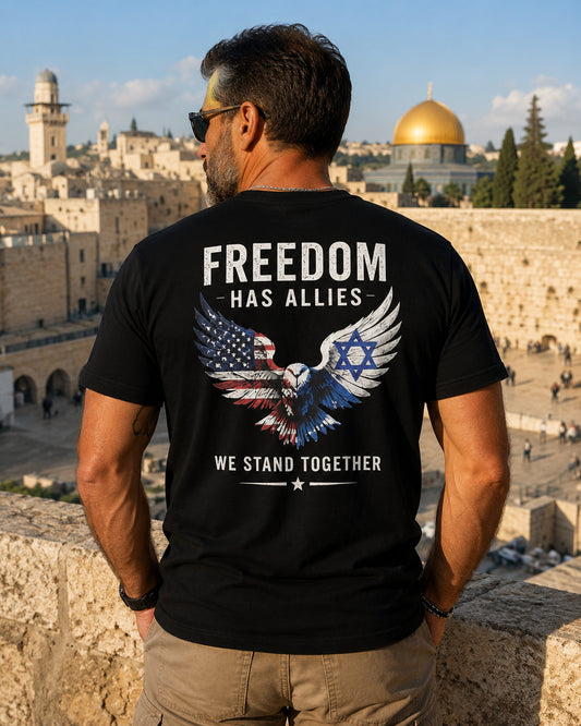 Back view of premium t-shirt showing Freedom Has Allies T-Shirt design by MindRushClips.