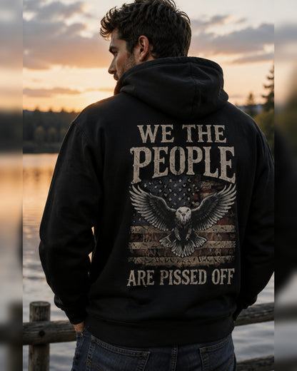 Back view of premium hoodie showing We The People Fed Up Hoodie design by MindRushClips.