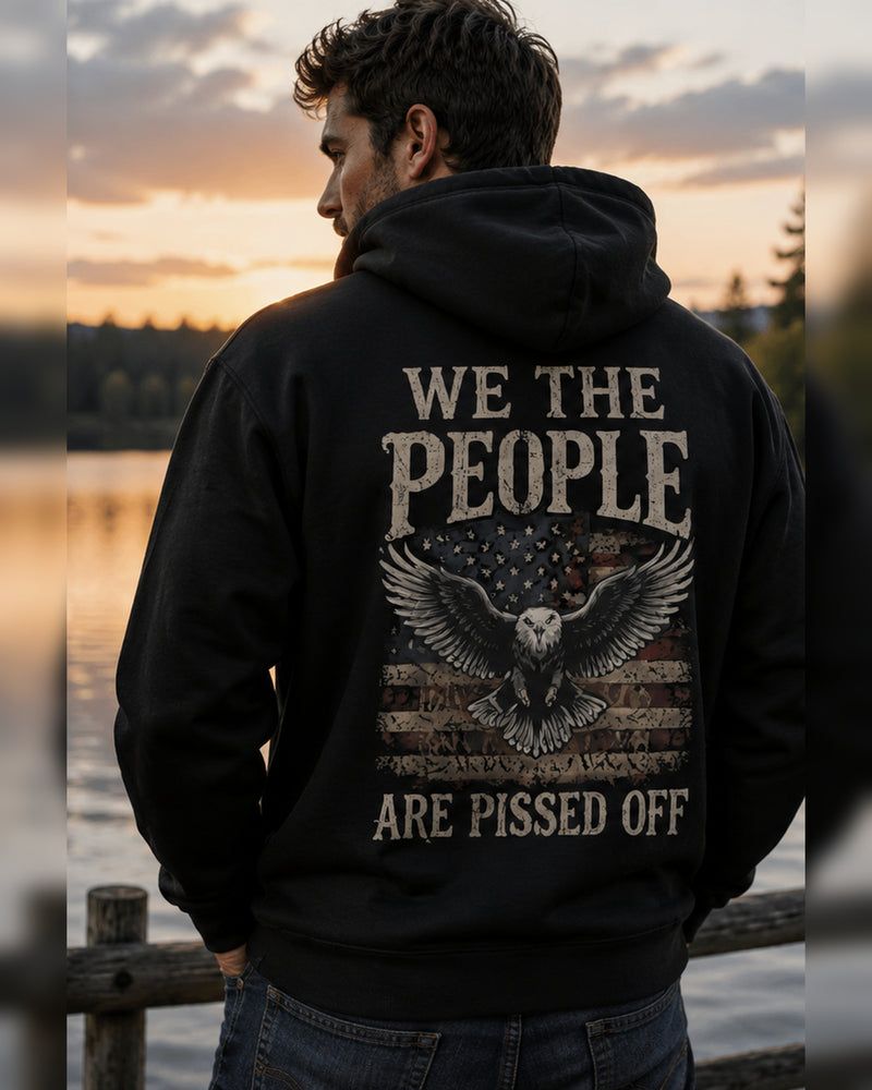 Back view of premium hoodie showing We The People Fed Up Hoodie design by MindRushClips.