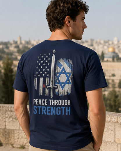 Back view of premium t-shirt showing Peace Through Strength Allies T-Shirt design by MindRushClips.