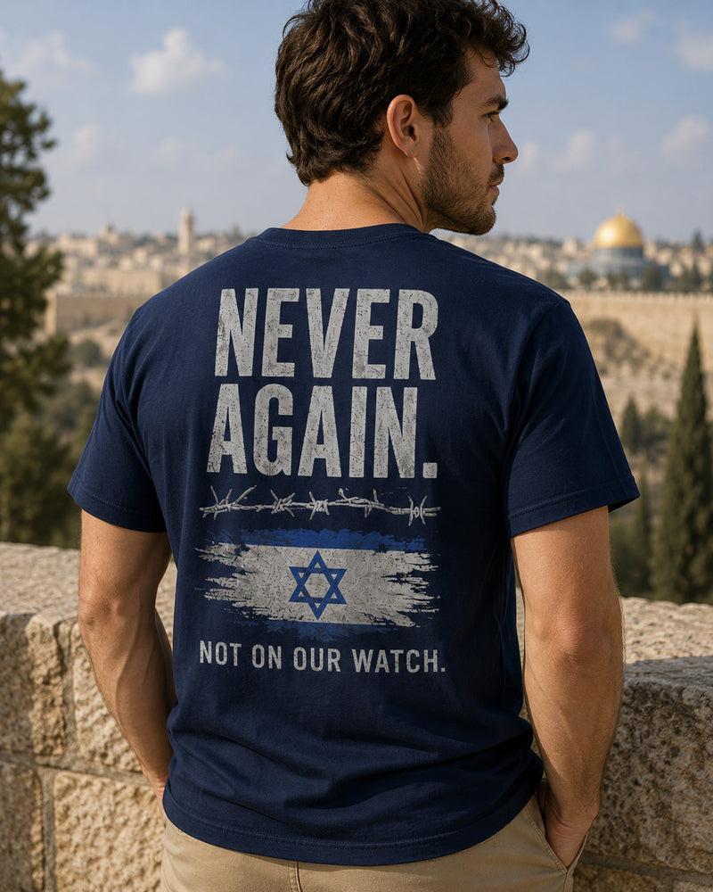 Back view of premium t-shirt showing Never Again T-Shirt design by MindRushClips.