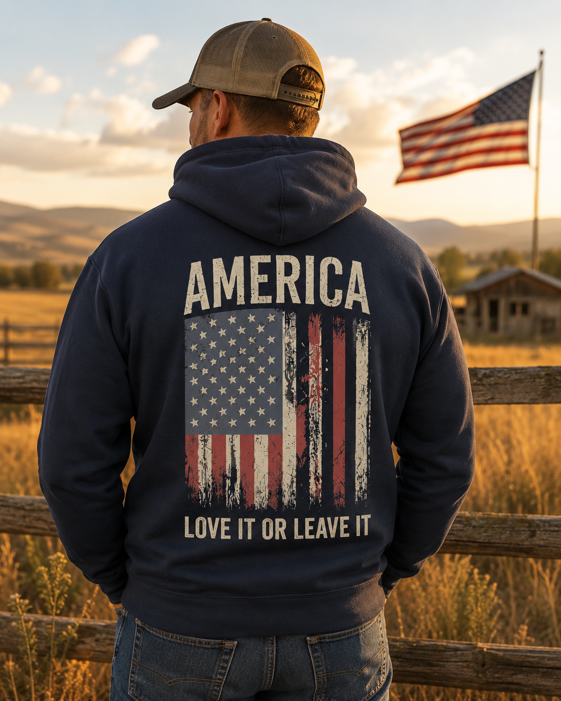 Back view of premium hoodie showing America Love It Or Leave It Hoodie design by MindRushClips.