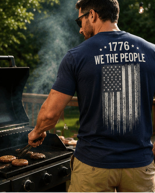 Back view of premium t-shirt showing 1776 We The People T-Shirt design by MindRushClips.