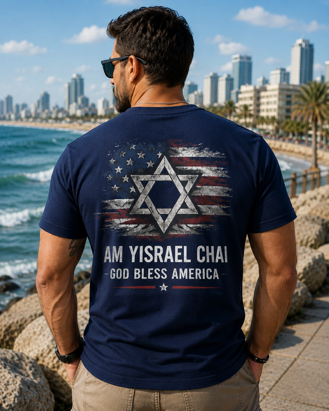 Back view of premium t-shirt showing Am Yisrael Chai x God Bless America T-Shirt design by
MindRushClips.