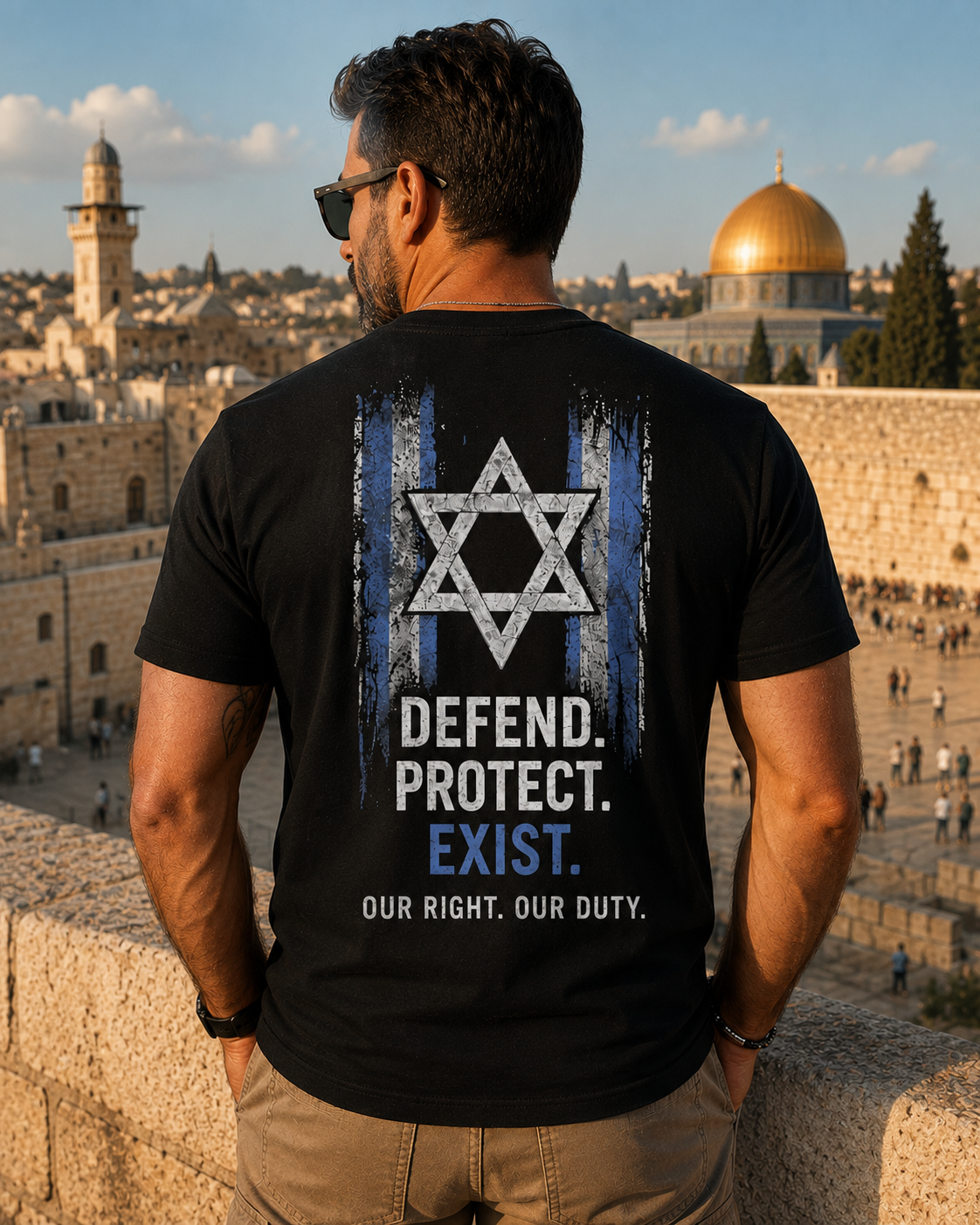 Back view of premium t-shirt showing Defend. Protect. Exist. T-Shirt design by MindRushClips.