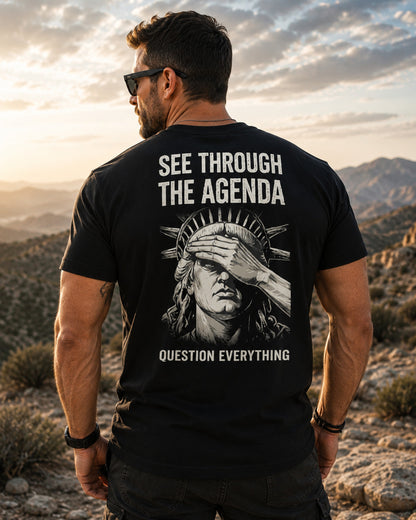 Back view of premium t-shirt showing See Through The Agenda T-Shirt design by MindRushClips.