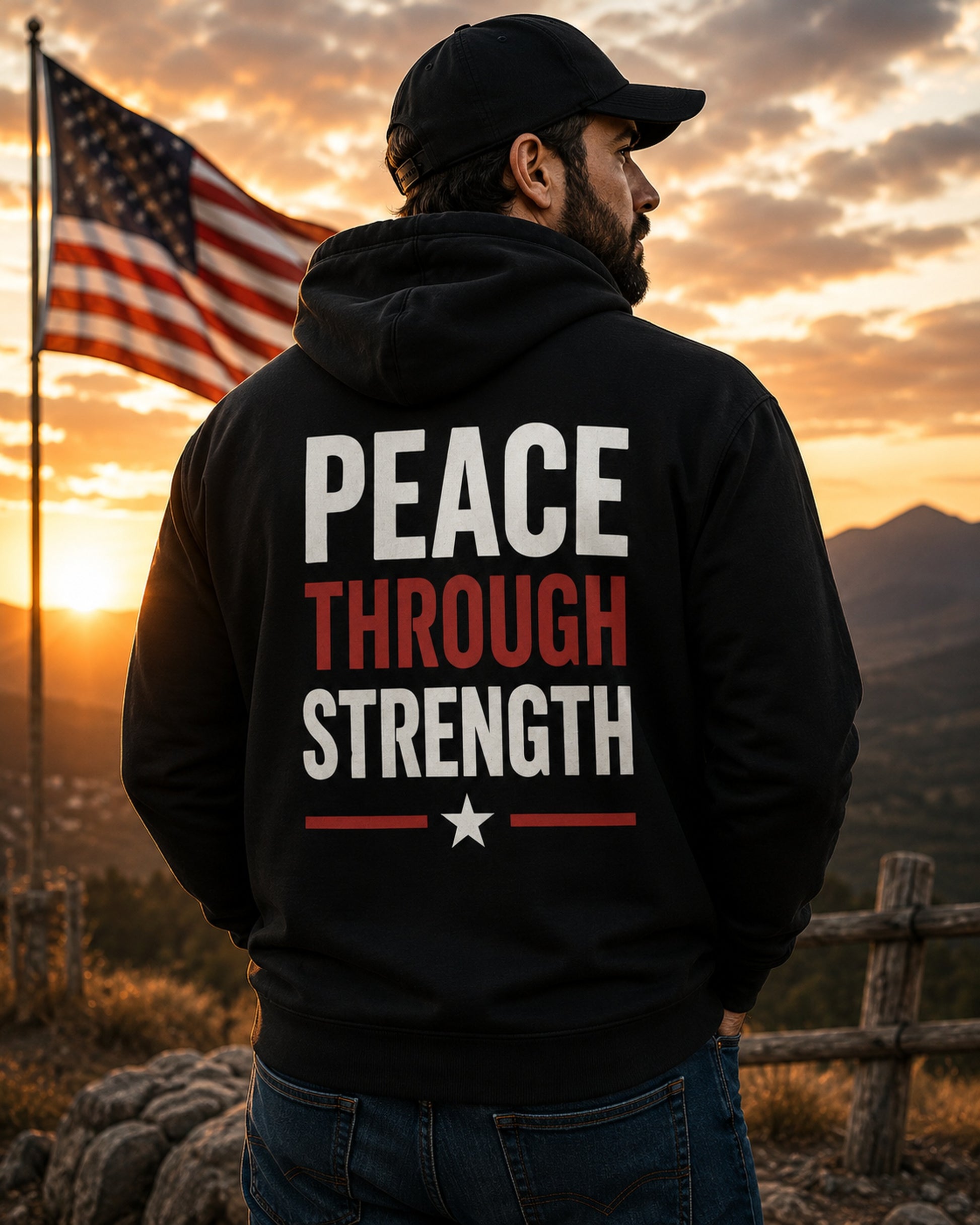 Back view of premium hoodie showing Peace Through Strength Hoodie design by MindRushClips.