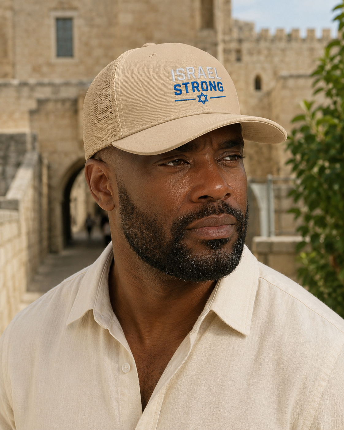 Back view of premium cap showing Israel Strong Trucker Cap – Stand for Israel design by
MindRushClips.