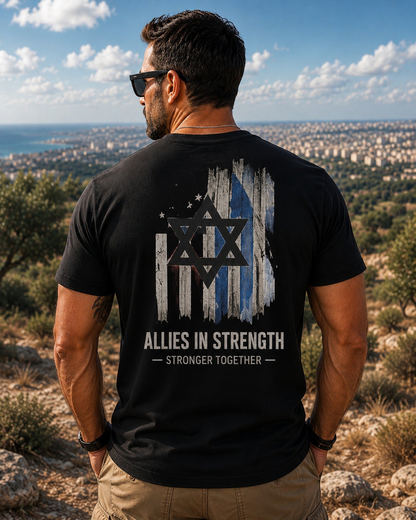 Back view of premium t-shirt showing Allies In Strength T-Shirt design by MindRushClips.