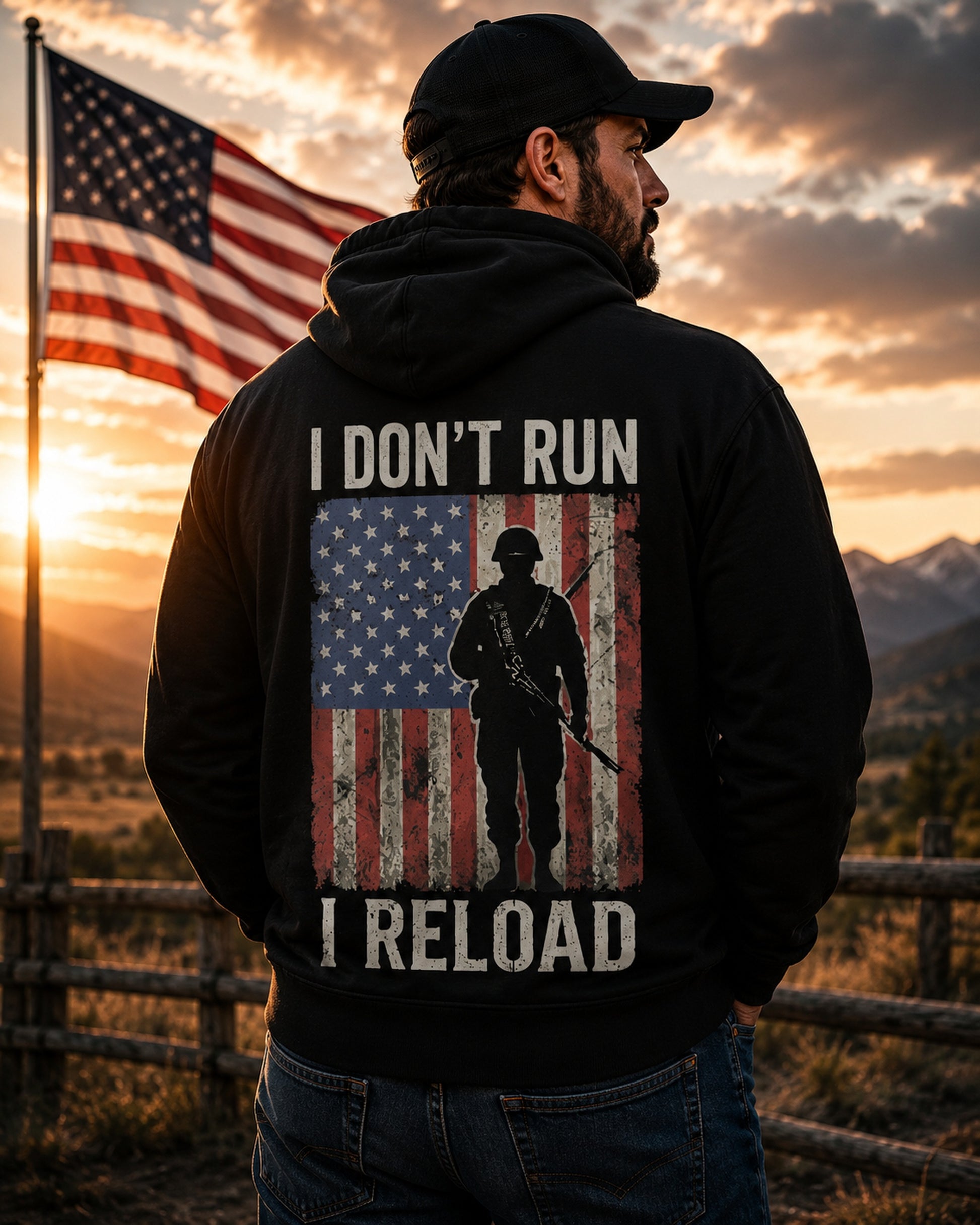 Back view of premium hoodie showing I Don’t Run I Reload Hoodie design by MindRushClips.