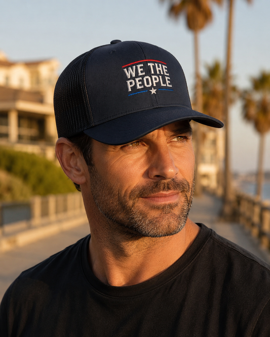 Back view of premium cap showing We The People Cap – Classic Trucker Cap design by
MindRushClips.