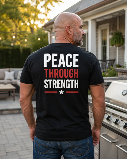 Back view of premium t-shirt showing Peace Through Strength T-Shirt design by MindRushClips.
