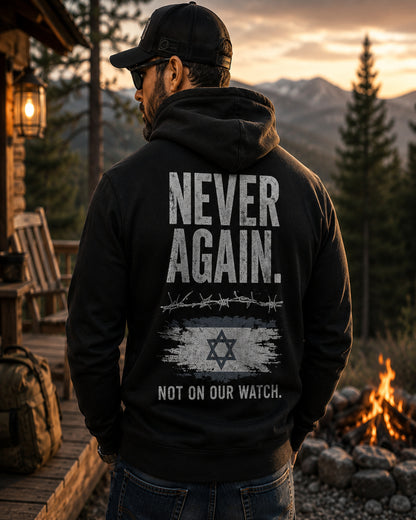 Back view of premium hoodie showing Never Again Hoodie design by MindRushClips.