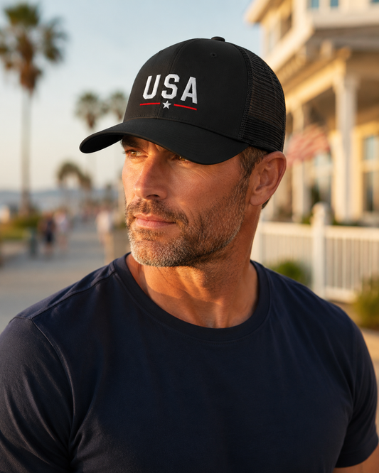 Back view of premium cap showing USA Classic Trucker Cap – Built for American Pride design by MindRushClips.
