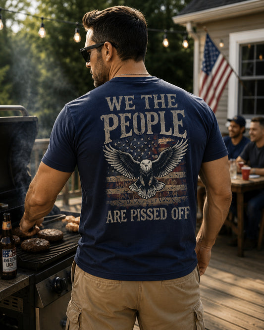 Back view of premium t-shirt showing We The People T-Shirt design by MindRushClips.