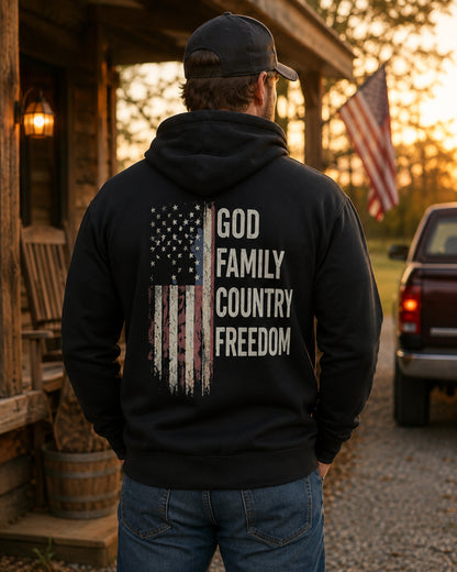 Back view of premium hoodie showing God Family Country Freedom Hoodie design by MindRushClips.