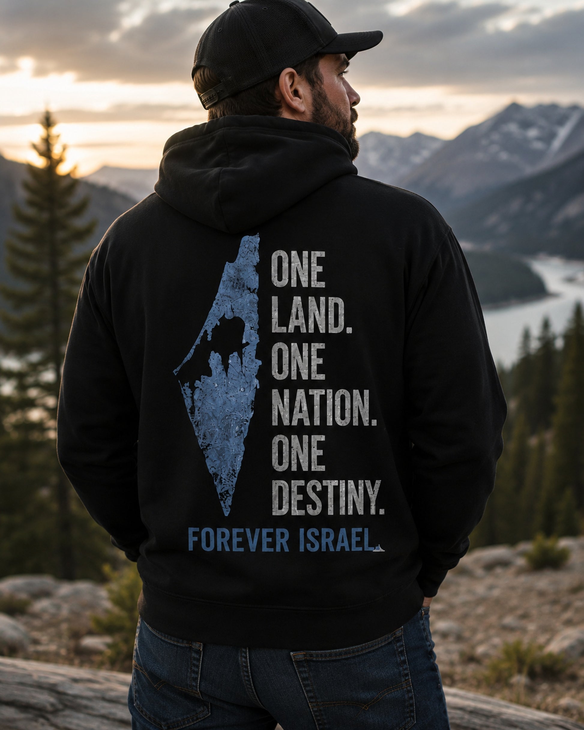 Back view of premium hoodie showing Forever Israel Hoodie design by MindRushClips.