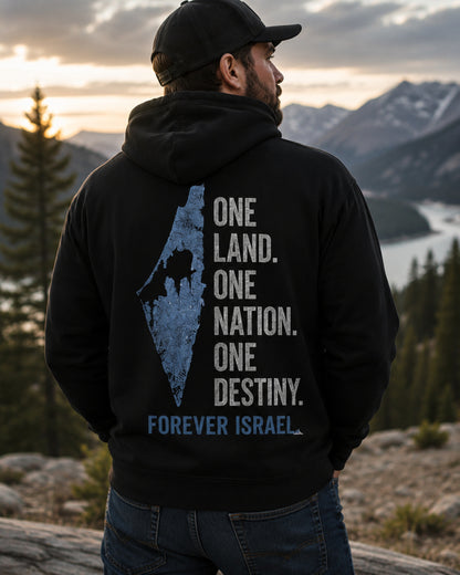 Back view of premium hoodie showing Forever Israel Hoodie design by MindRushClips.