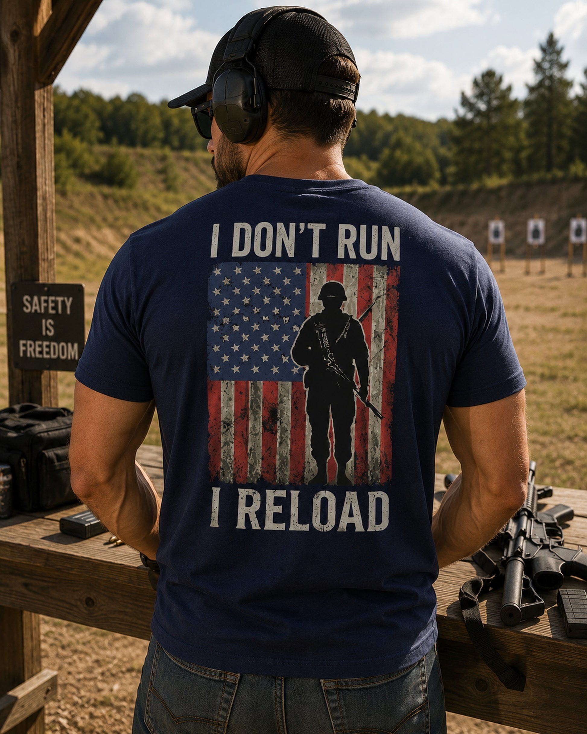 Back view of premium t-shirt showing I Don’t Run I Reload T-Shirt design by MindRushClips.