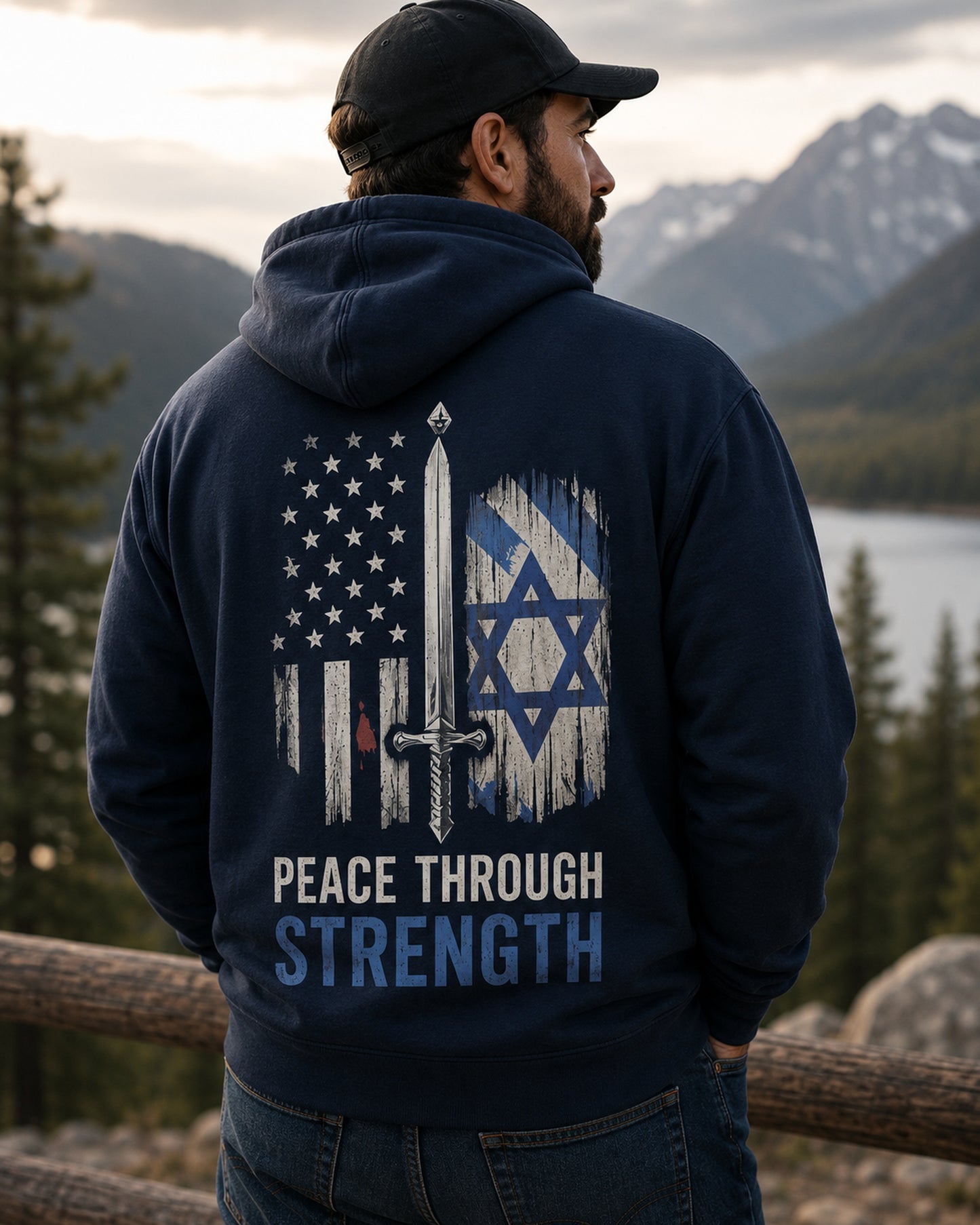 Back view of premium hoodie showing Peace Through Strength Allies Hoodie design by MindRushClips.