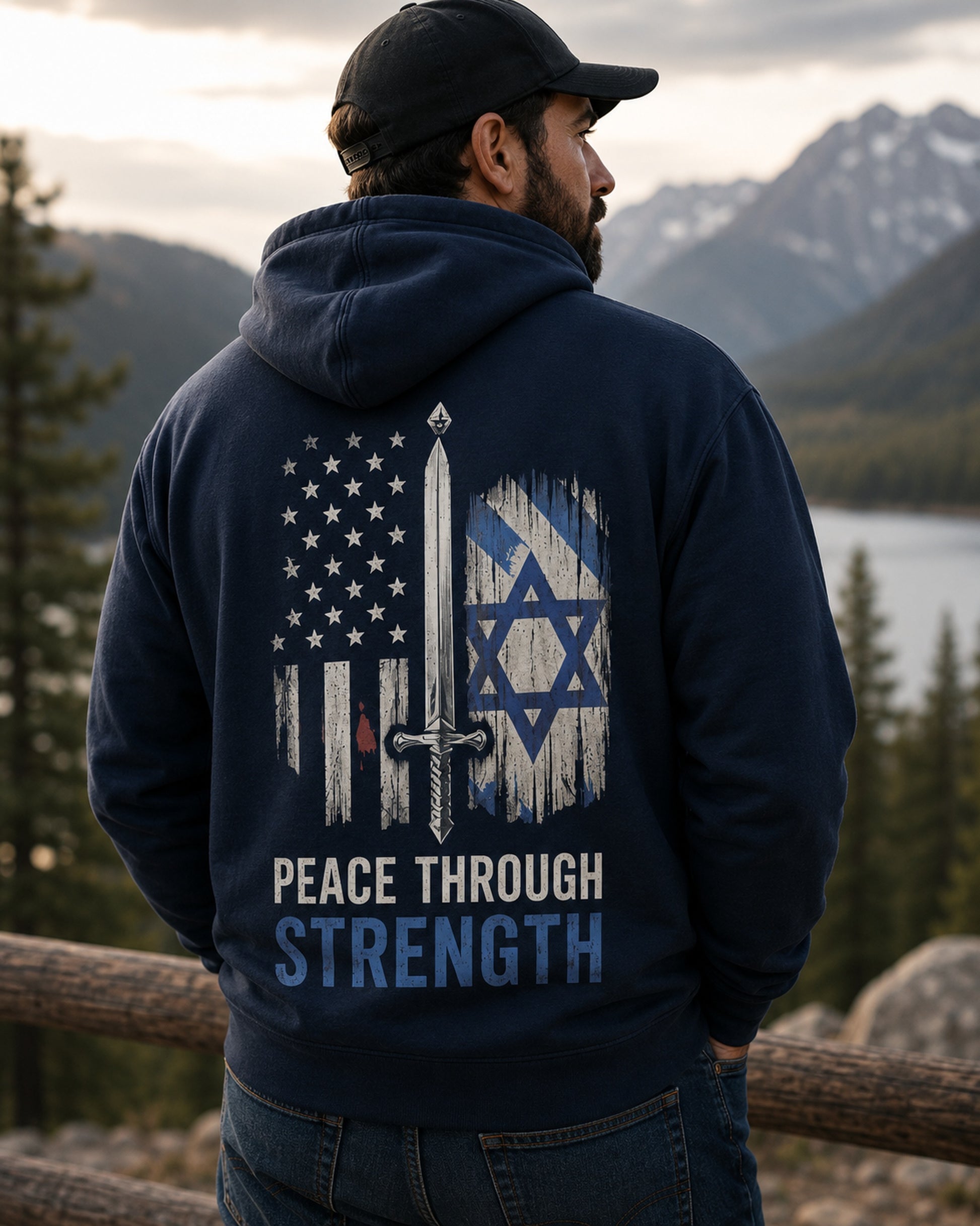 Back view of premium hoodie showing Peace Through Strength Allies Hoodie design by MindRushClips.