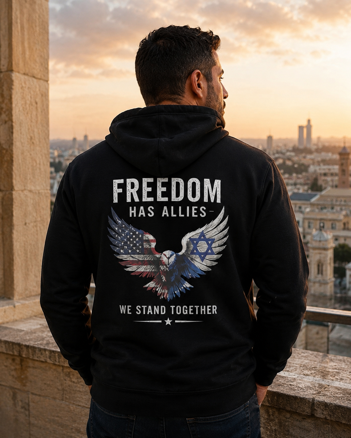 Back view of premium hoodie showing Freedom Has Allies Hoodie design by MindRushClips.