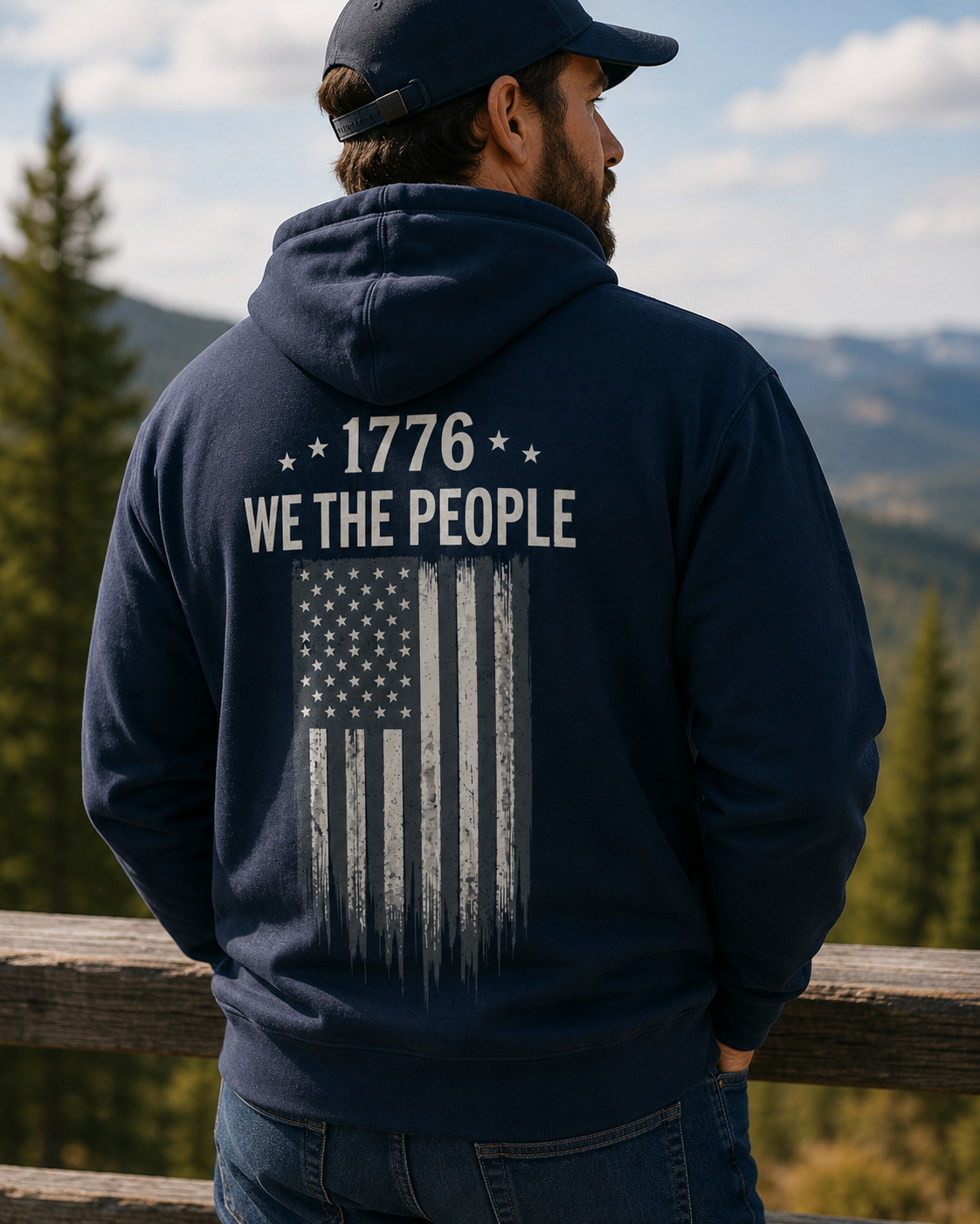 Back view of premium hoodie showing We The People 1776 Hoodie design by MindRushClips.