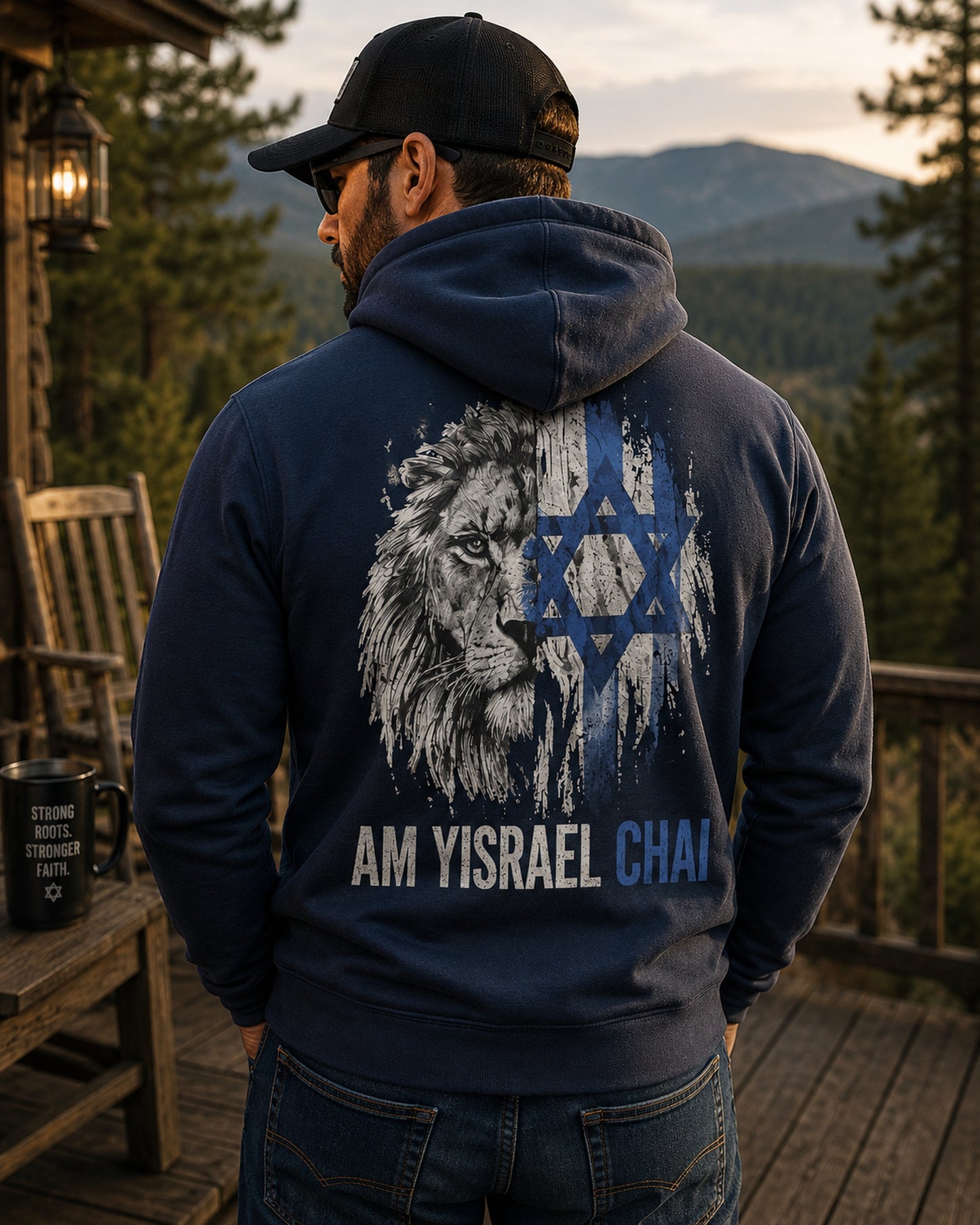 Back view of premium hoodie showing Am Yisrael Chai Hoodie design by MindRushClips.