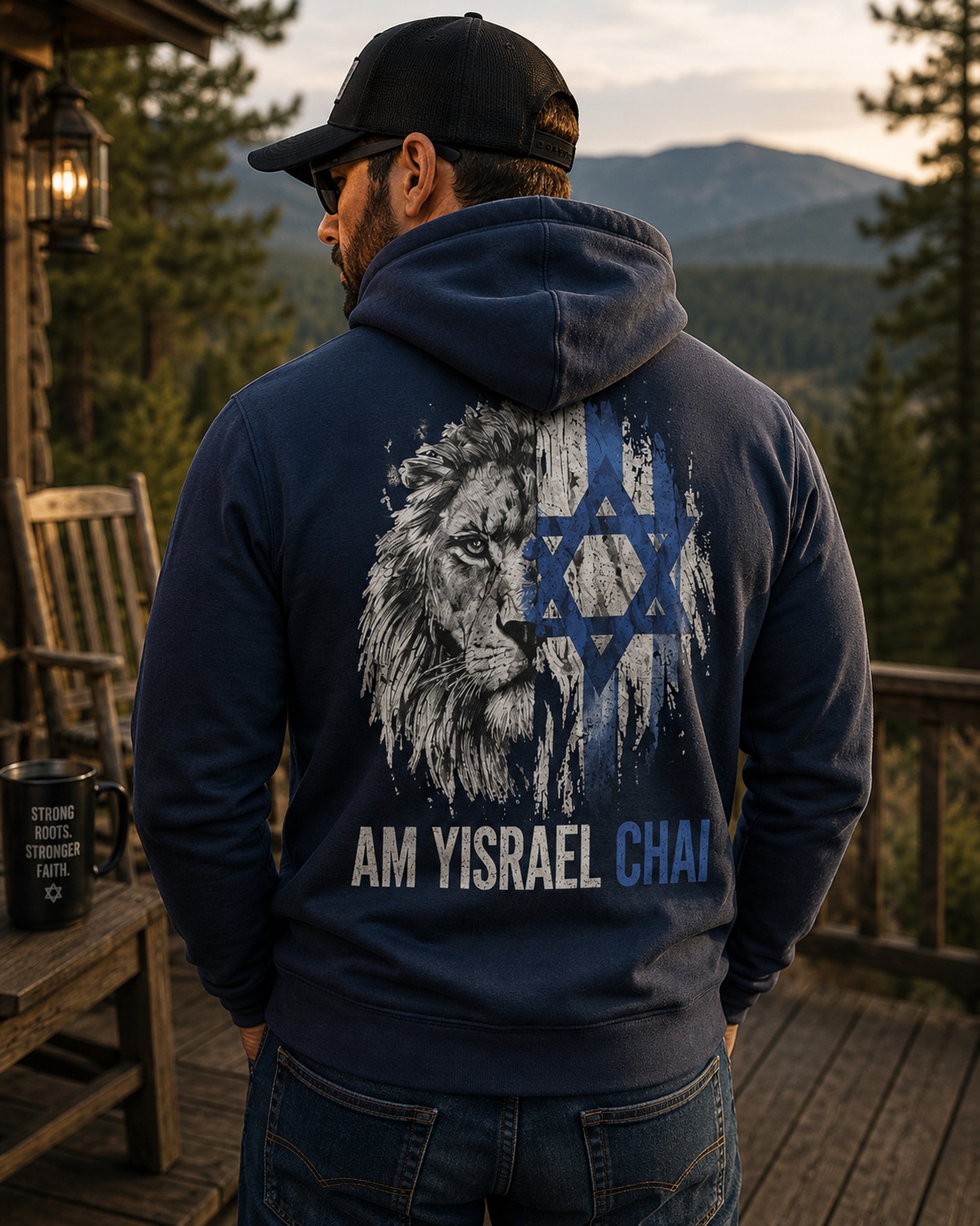 Back view of premium hoodie showing Am Yisrael Chai Hoodie design by MindRushClips.