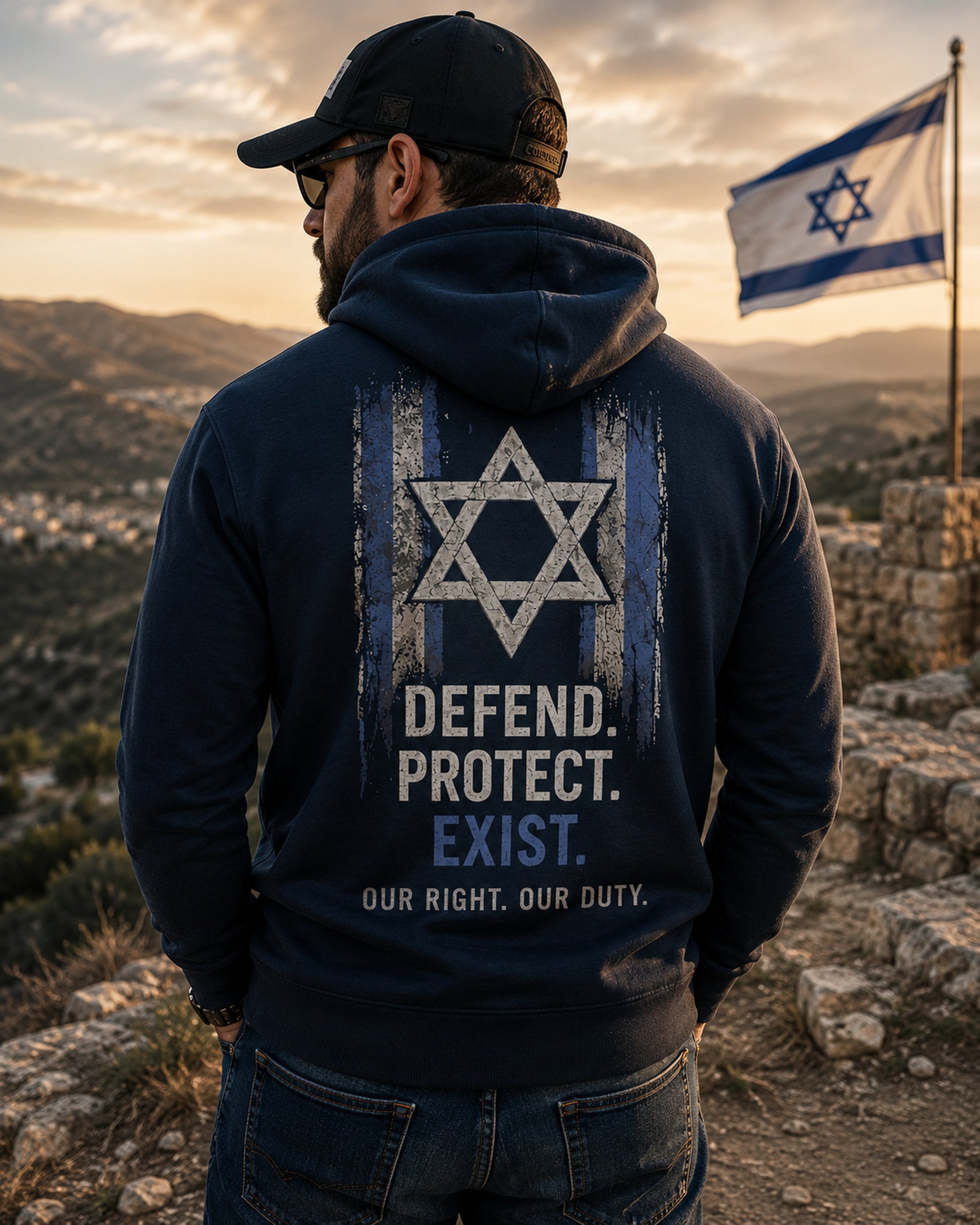Back view of premium hoodie showing Defend Protect Exist Hoodie design by MindRushClips.
