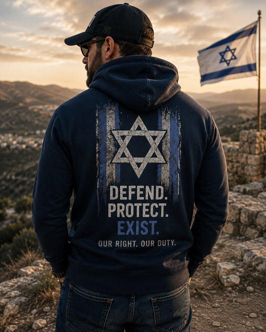 Back view of premium hoodie showing Defend Protect Exist Hoodie design by MindRushClips.