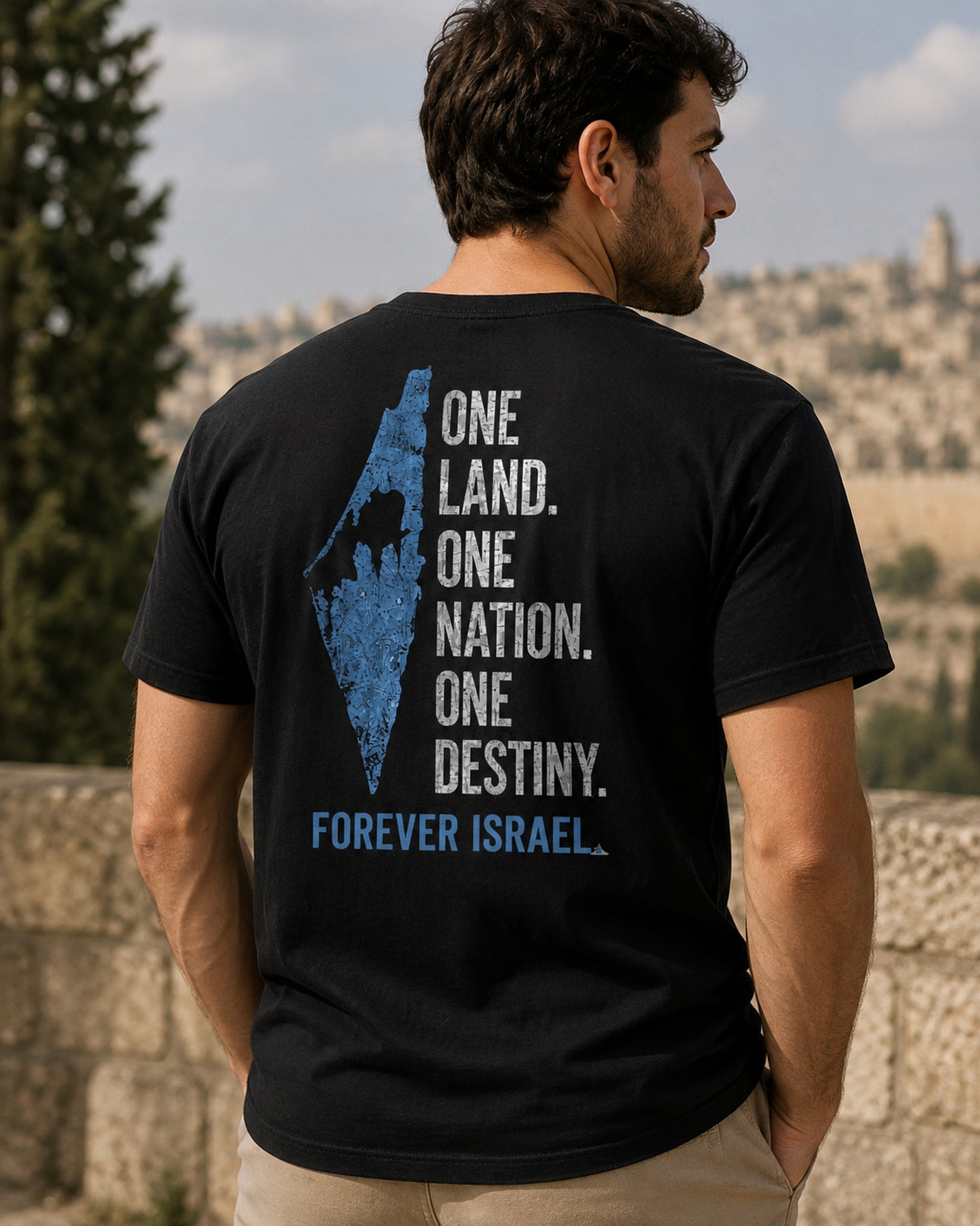  Back view of premium t-shirt showing One Land. One Nation. One Destiny. T-Shirt design by
MindRushClips.