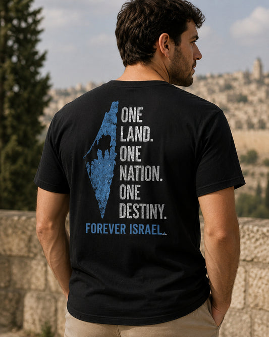  Back view of premium t-shirt showing One Land. One Nation. One Destiny. T-Shirt design by
MindRushClips.